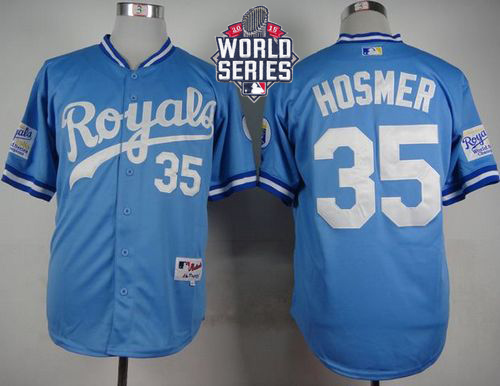Royals #35 Eric Hosmer Light Blue 1985 Turn Back The Clock W/2015 World Series Patch Stitched MLB Jersey